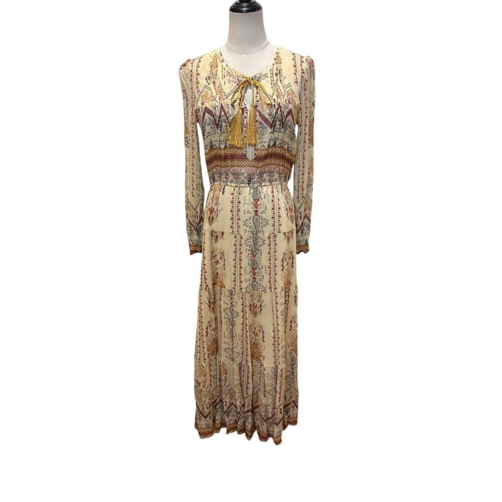 Sundance Silk Maxi Dress Sz 4 Long Sleeve Boho Festival Praire Aztec‎ Folk West